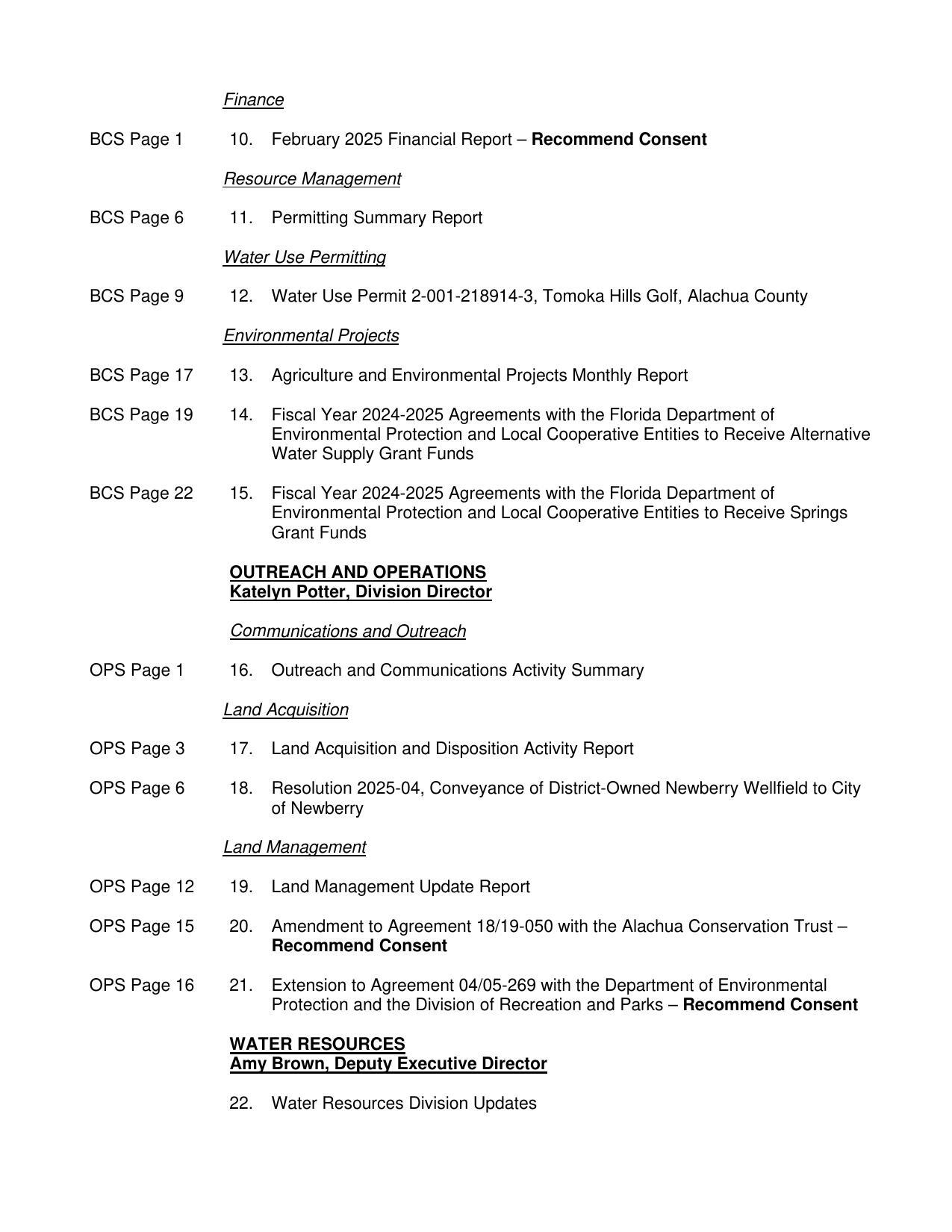 Permits, Alternative Water Supply, Springs Grants, Land Acquisition, etc.