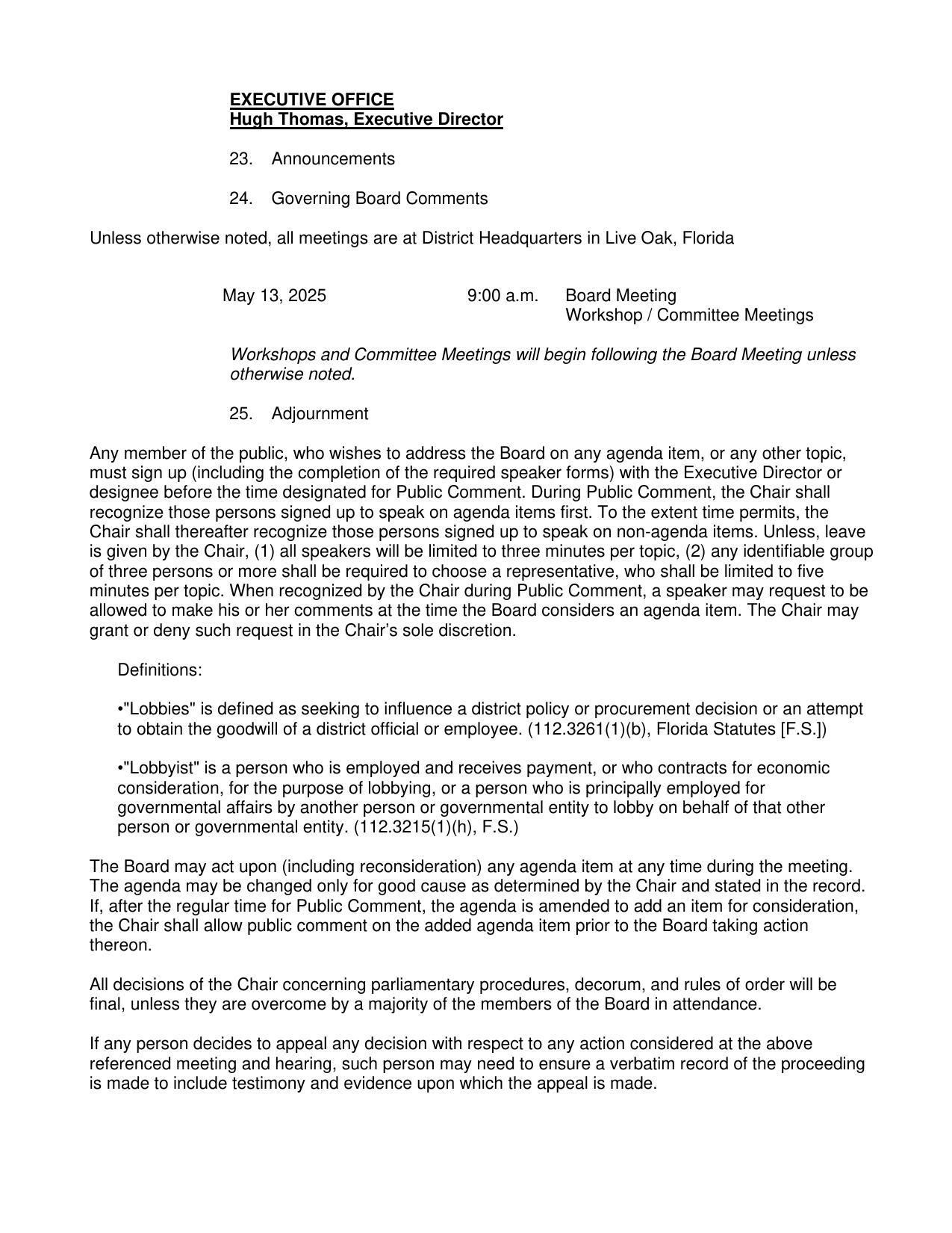 Executive Office & Governing Board Comments