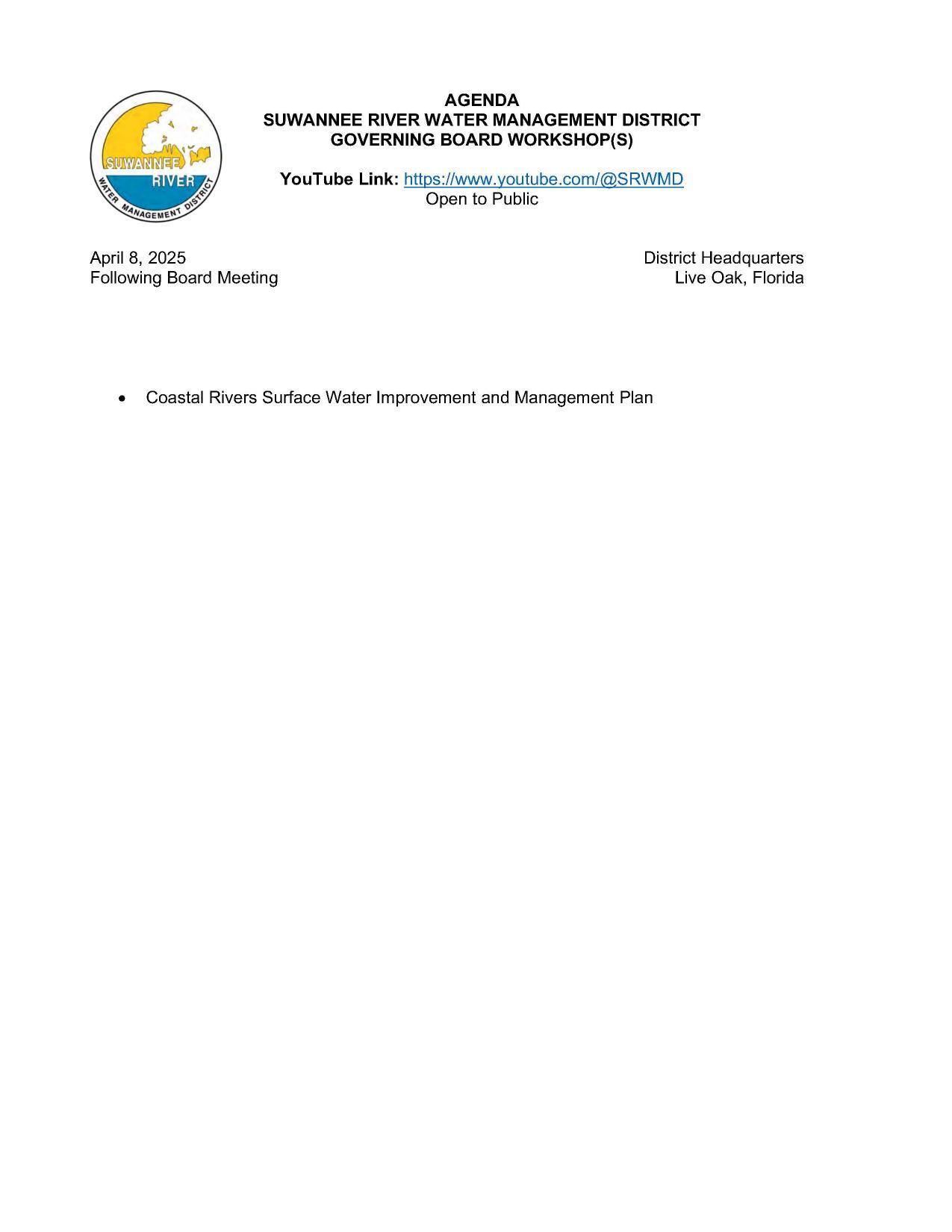 Workshop Agenda: Coastal Rivers Surface Water Improvement and Management Plan