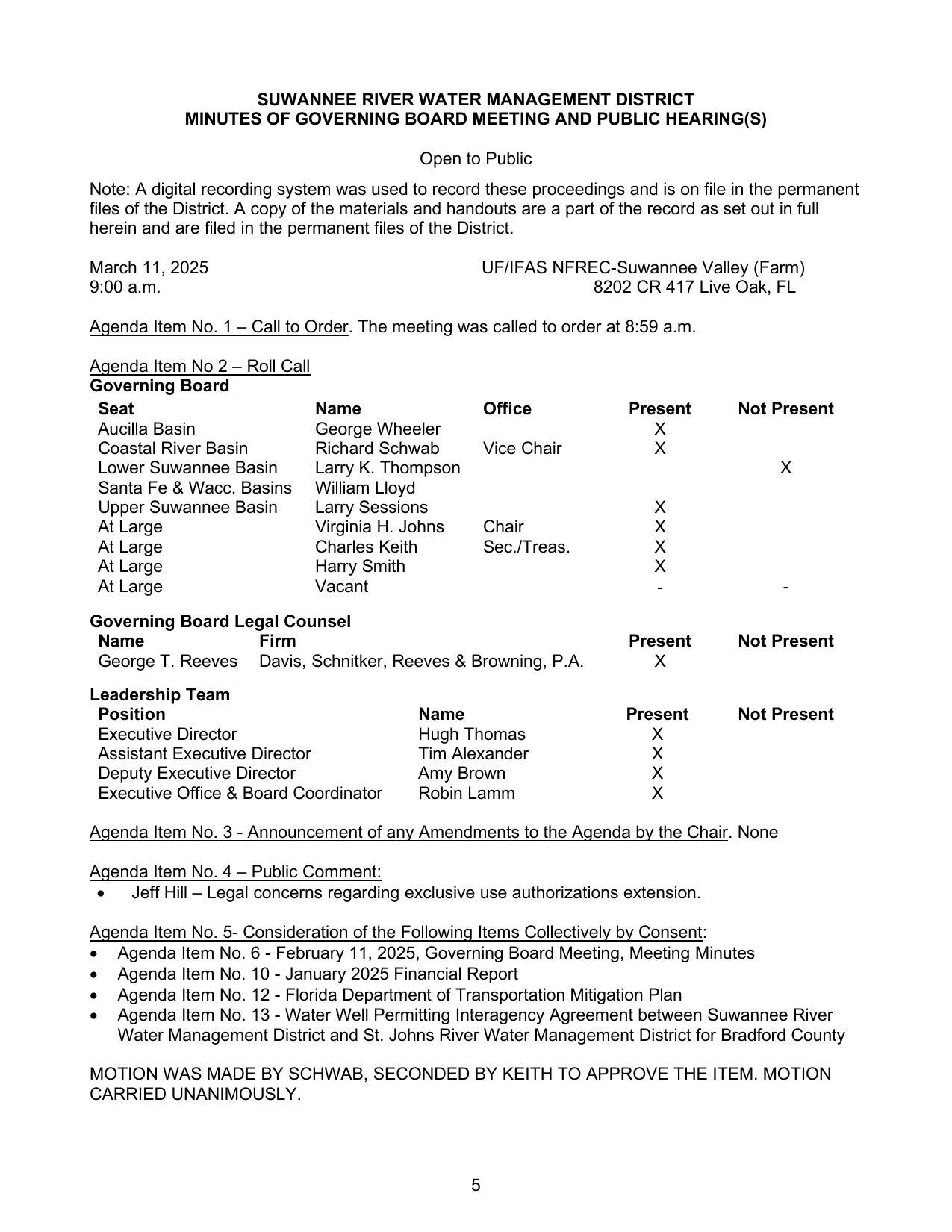 Attendance and Consent Agenda