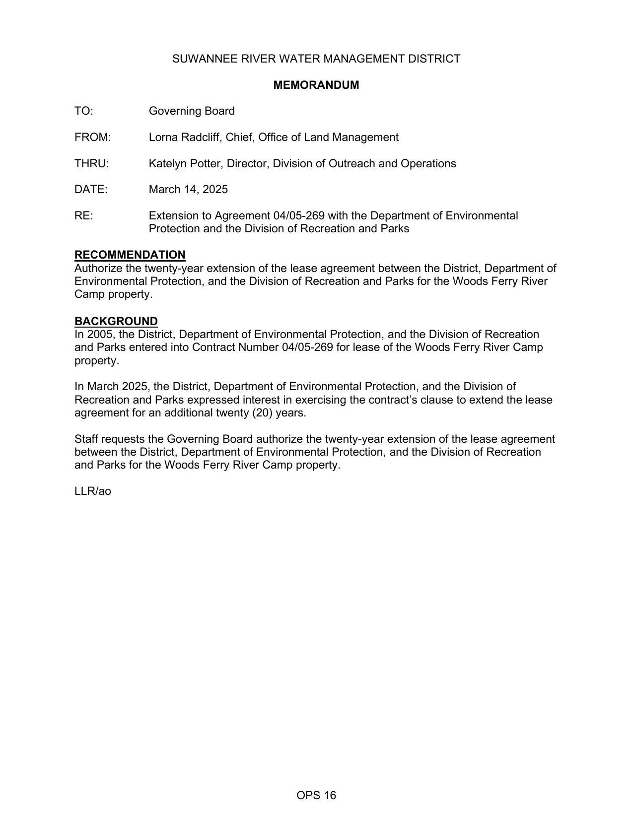 Authorize the twenty-year extension of the lease agreement between the District, Department of Environmental Protection, and the Division of Recreation and Parks for the Woods Ferry River Camp property.