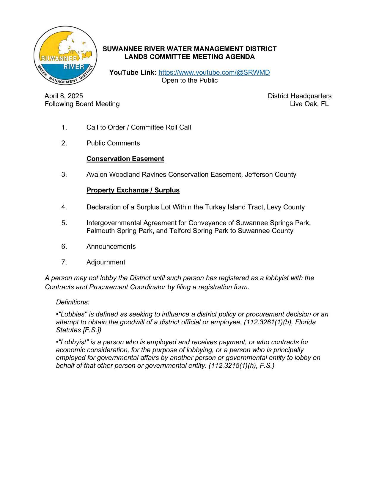 LANDS COMMITTEE MEETING AGENDA