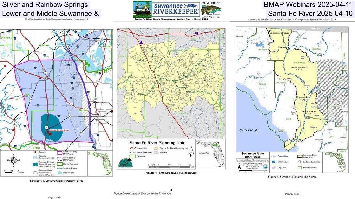 Silver and Rainbow Springs, BMAP Webinars 2025-04-11, Lower and Middle Suwannee & Santa Fe River 2025-04-10
