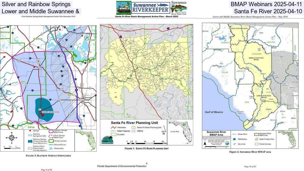 Silver and Rainbow Springs, BMAP Webinars 2025-04-11, Lower and Middle Suwannee & Santa Fe River 2025-04-10