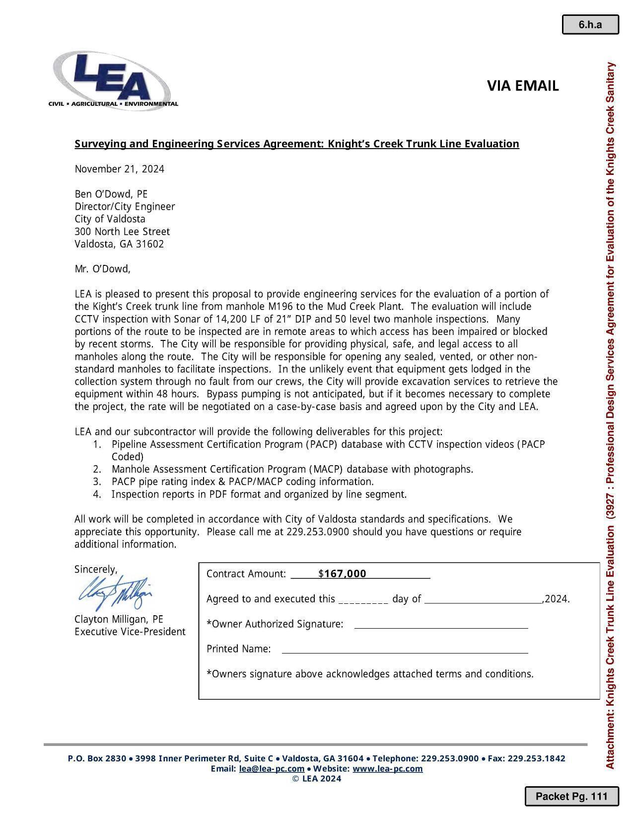 LEA Surveying and Engineering Services Agreement: Knight’s Creek Trunk Line Evaluation