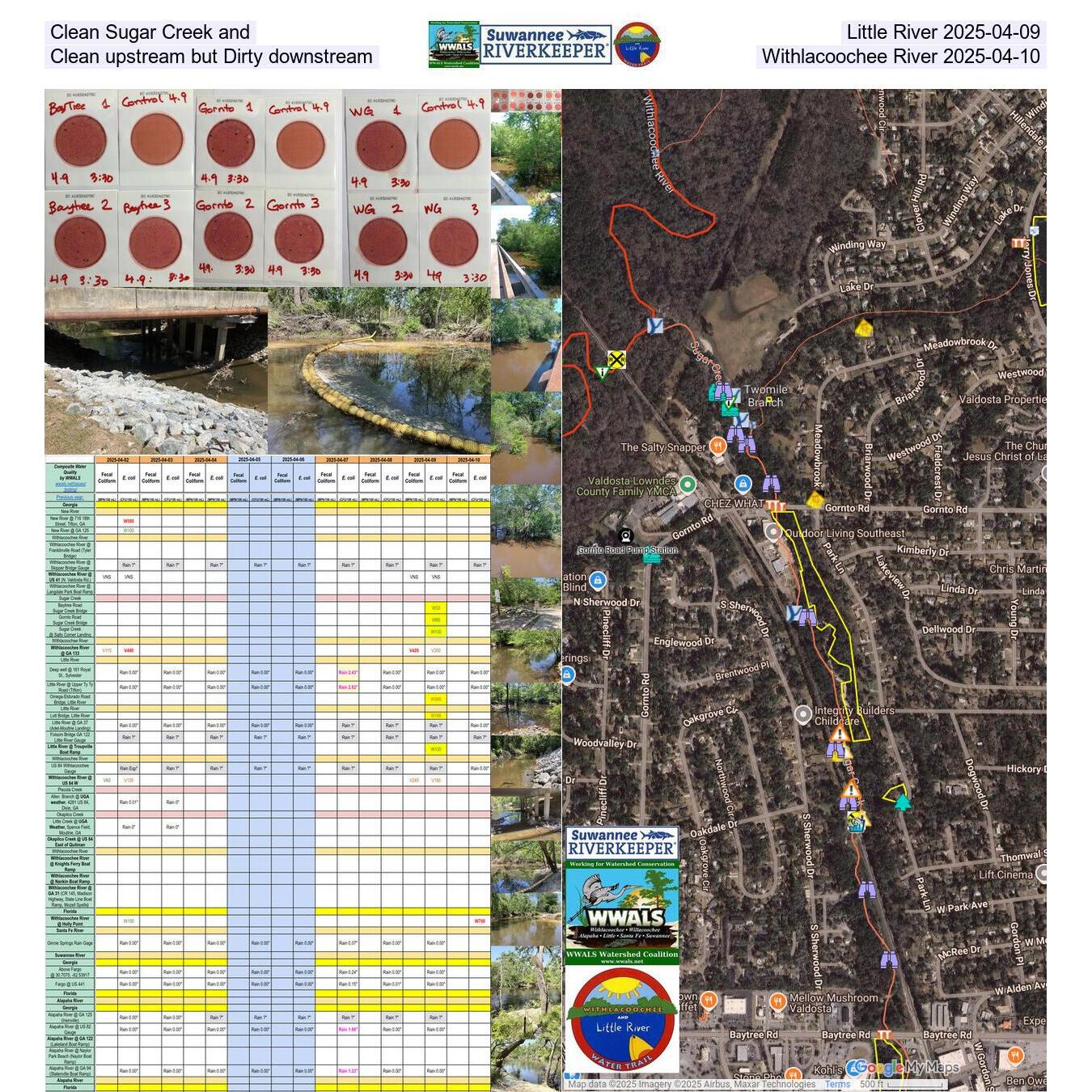 Clean Sugar Creek and Little River 2025-04-09, Clean upstream but Dirty downstream Withlacoochee River 2025-04-10