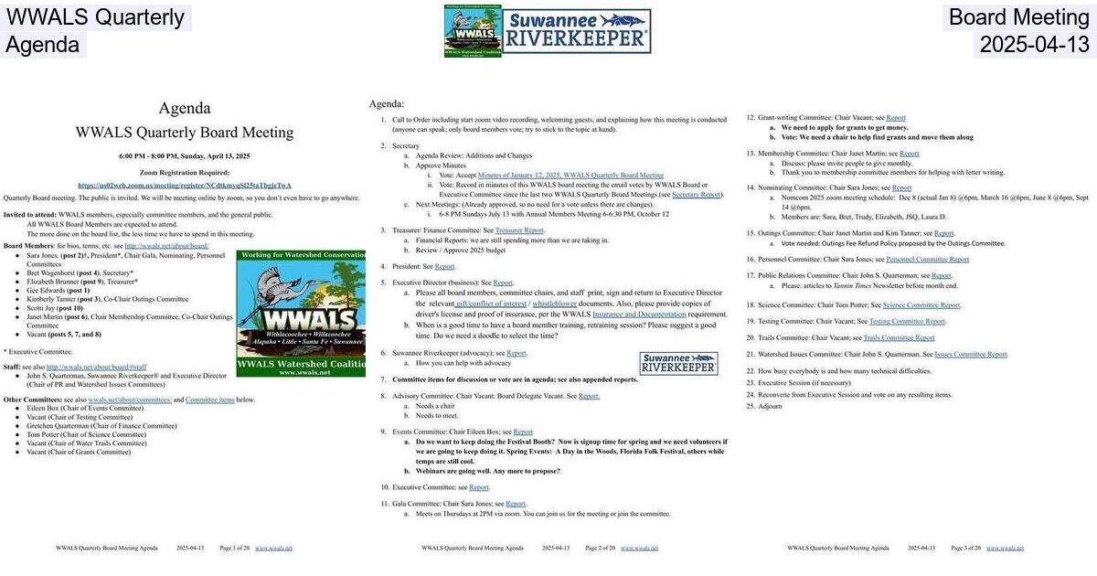 WWALS Quarterly Board Meeting Agenda, 2025-04-13