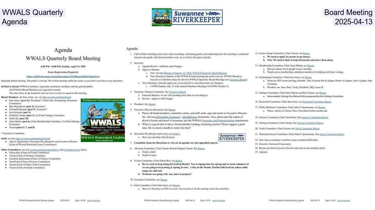 WWALS Quarterly Board Meeting Agenda, 2025-04-13