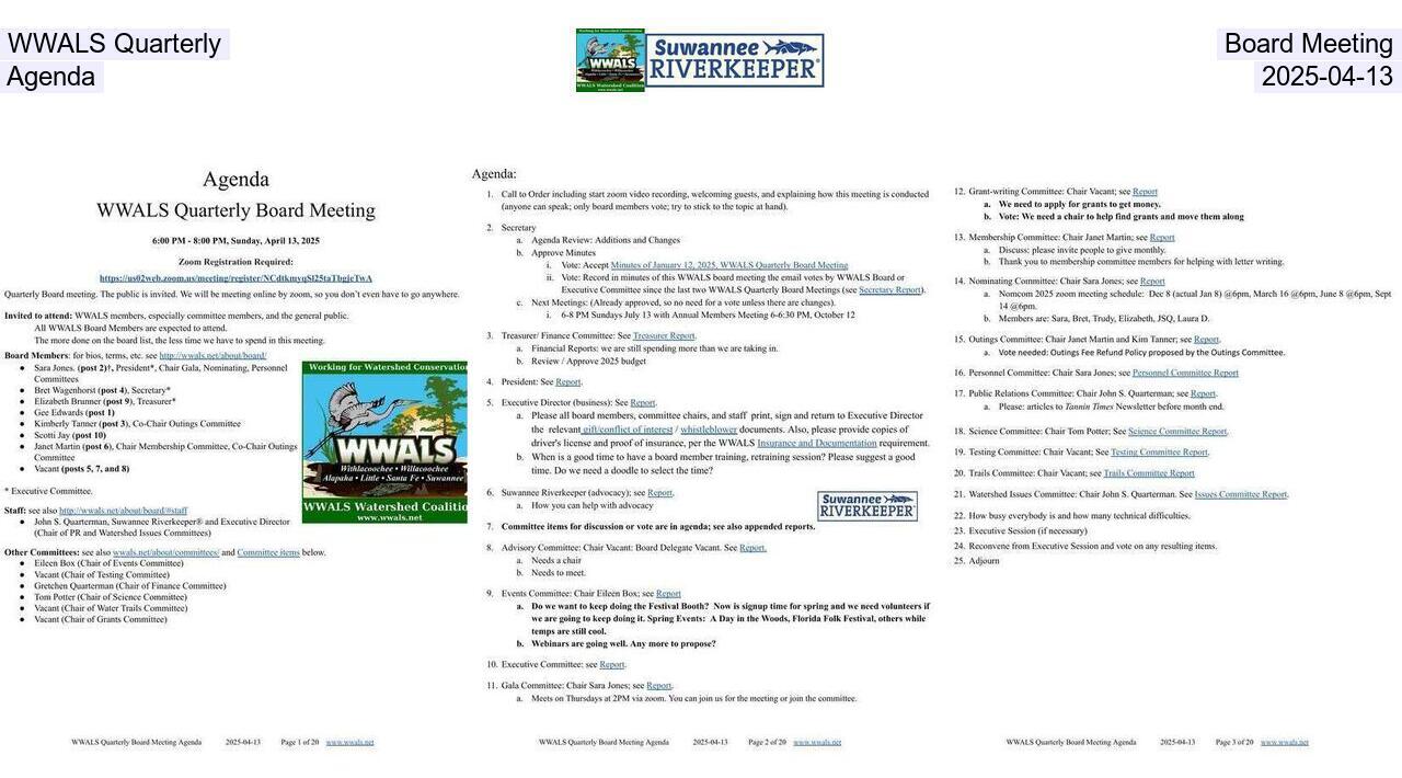WWALS Quarterly Board Meeting Agenda, 2025-04-13