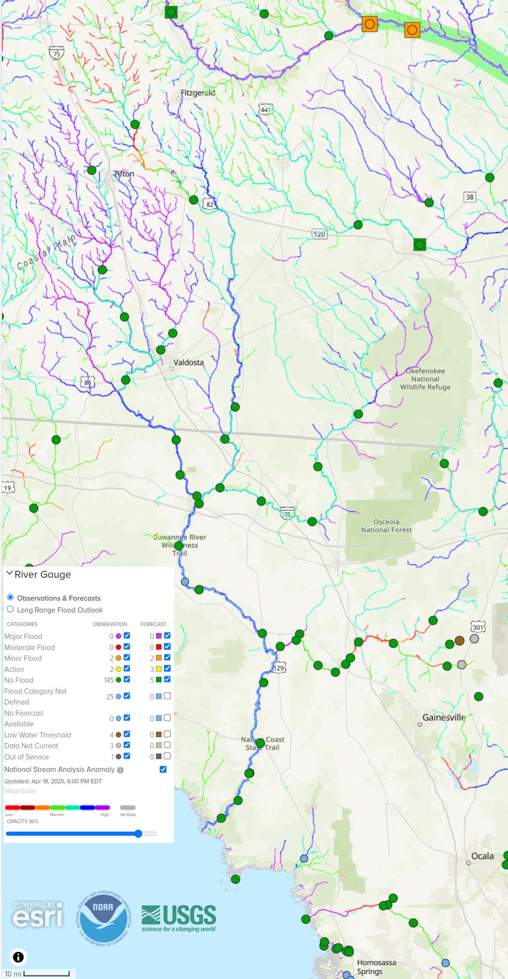 Map: NOAA Gauges 2025-04-18