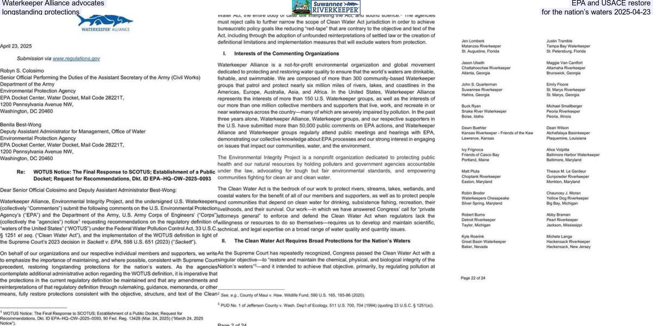 Waterkeeper Alliance advocates EPA and USACE restore longstanding protections for the nation’s waters 2025-04-23