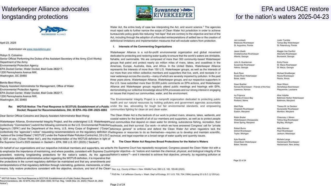 Waterkeeper Alliance advocates EPA and USACE restore longstanding protections for the nation’s waters 2025-04-23