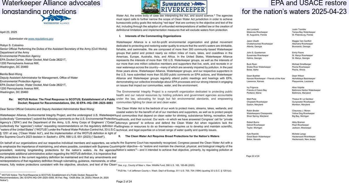 Waterkeeper Alliance advocates EPA and USACE restore longstanding protections for the nation’s waters 2025-04-23