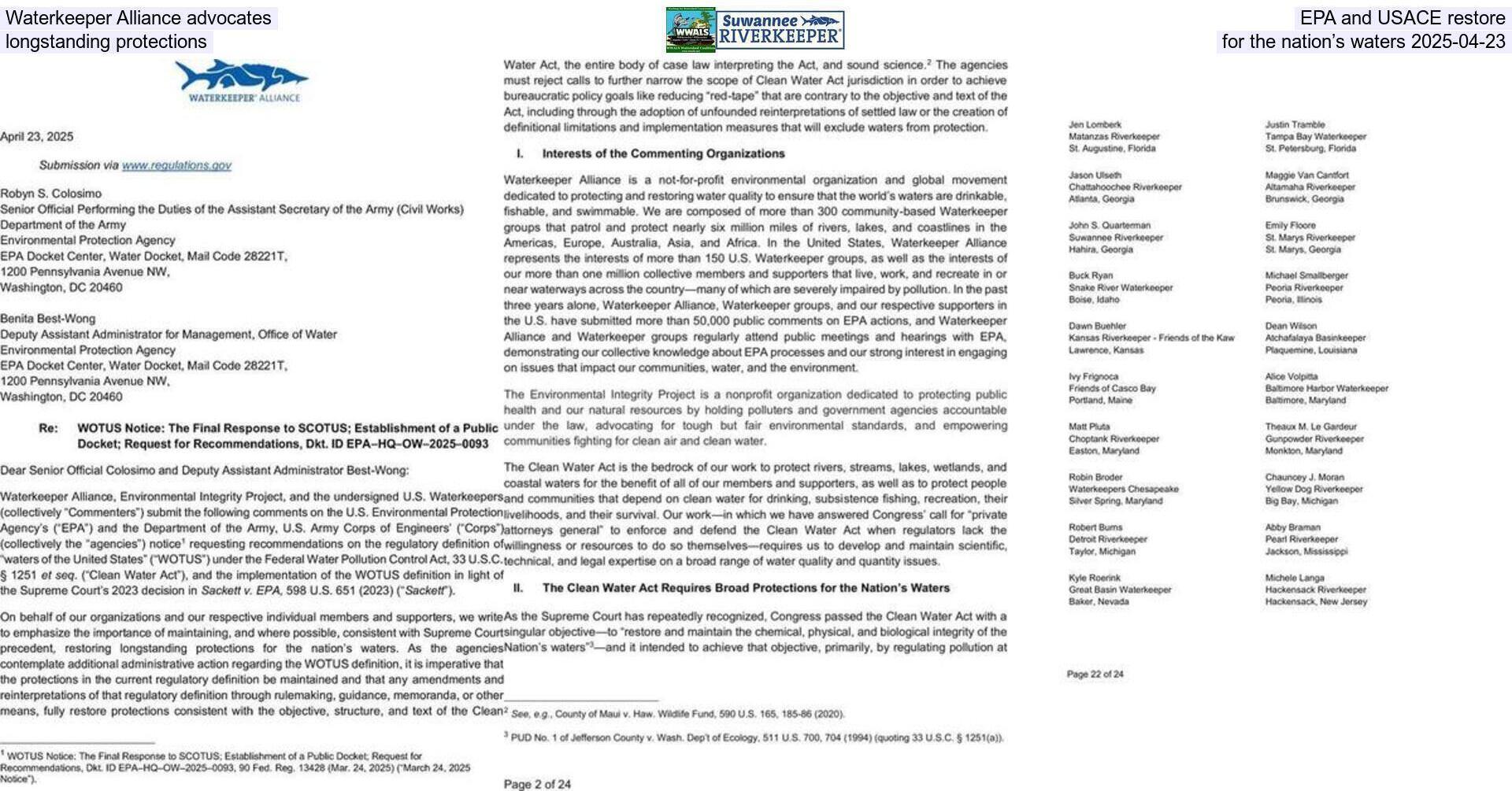 [Waterkeeper Alliance advocates EPA and USACE restore longstanding protections for the nation’s waters 2025-04-23]