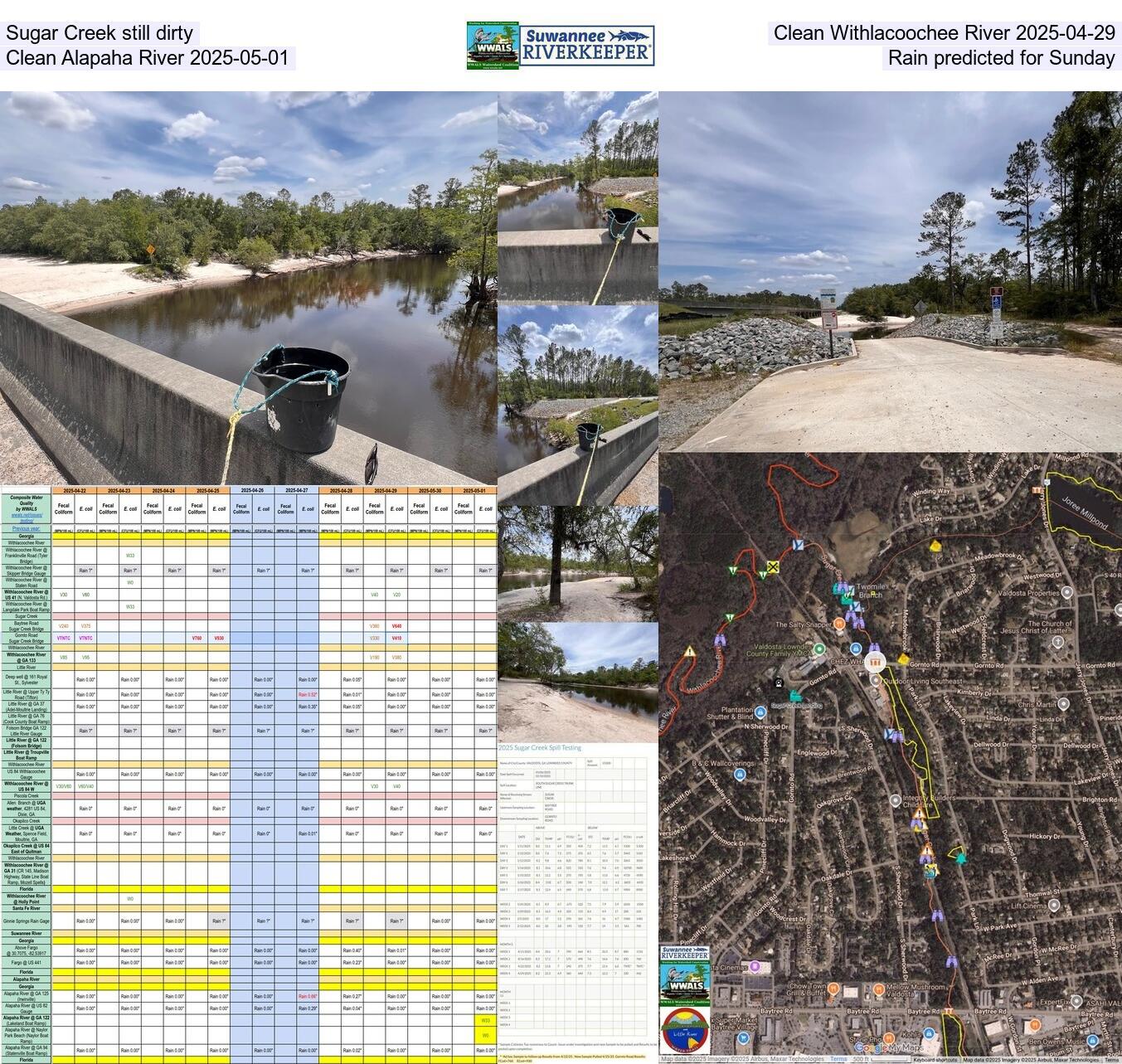 [Sugar Creek still dirty, Clean Withlacoochee River 2025-04-29, Clean Alapaha River 2025-05-01, Rain predicted for Sunday]