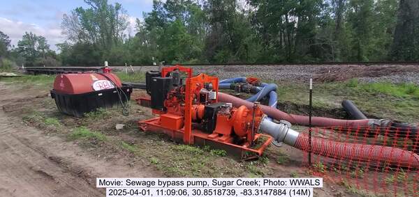 [Movie: Sewage bypass pump, Sugar Creek, 2025-04-01, 11:09:06, 30.8518739, -83.3147884 (14M)]