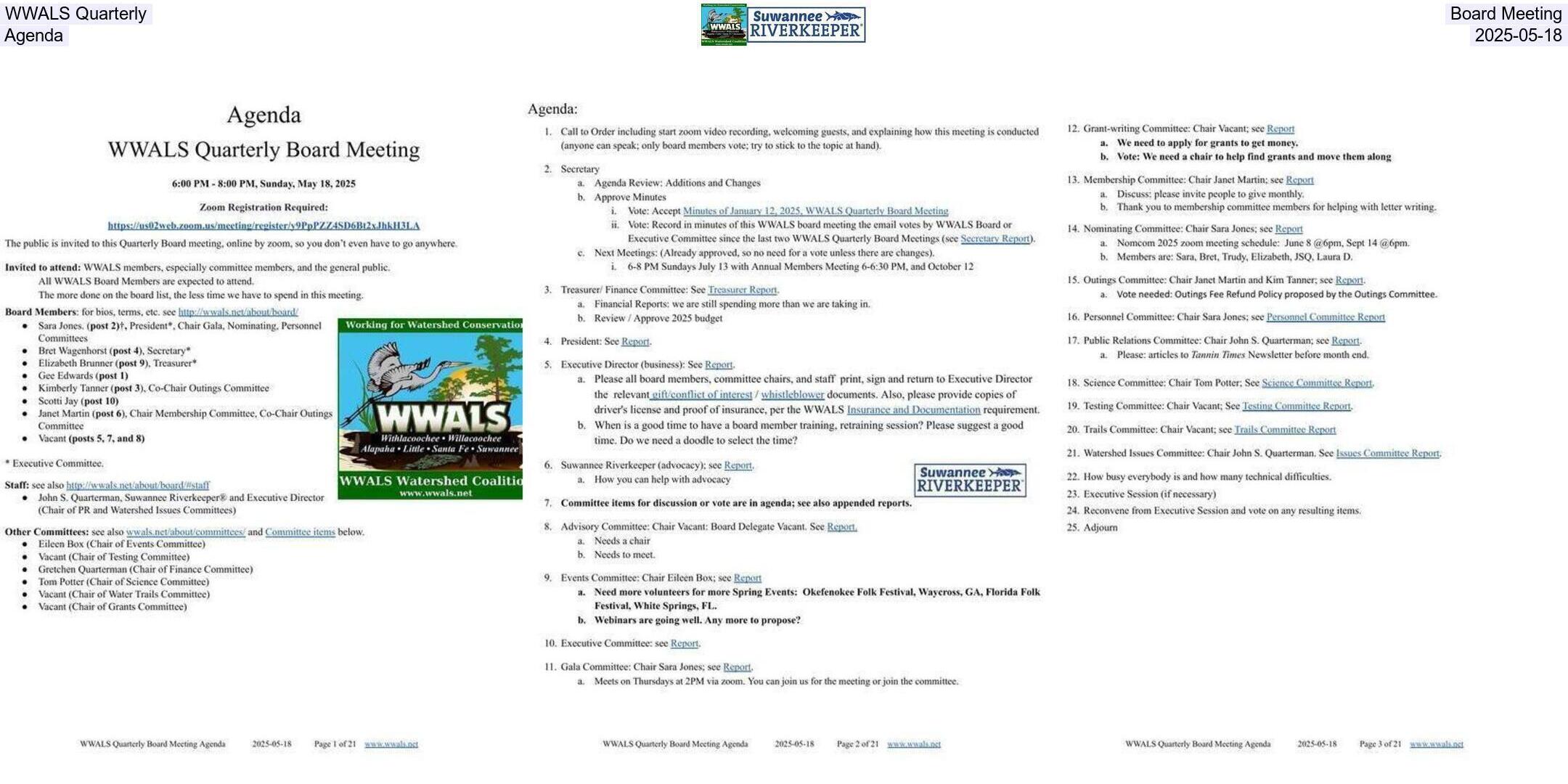WWALS Quarterly Board Meeting, Agenda, 2025-05-18