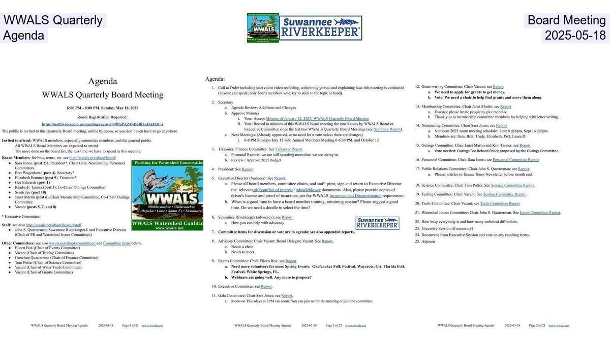 WWALS Quarterly Board Meeting, Agenda, 2025-05-18