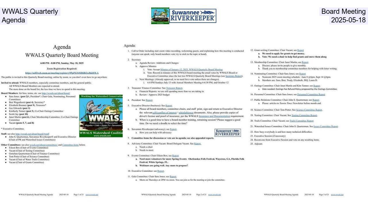 WWALS Quarterly Board Meeting, Agenda, 2025-05-18