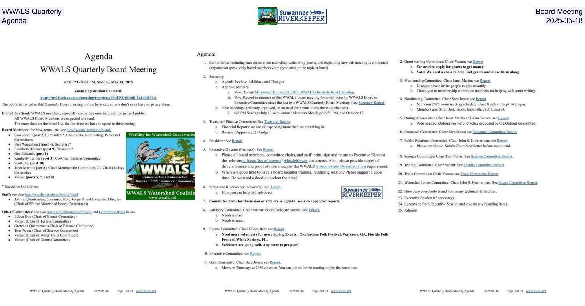 [WWALS Quarterly Board Meeting, Agenda, 2025-05-18]