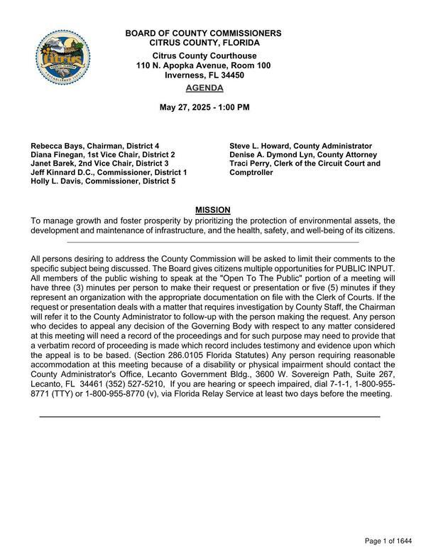[Agenda, Board of County Commissioners, Citrus County 2025-05-27]