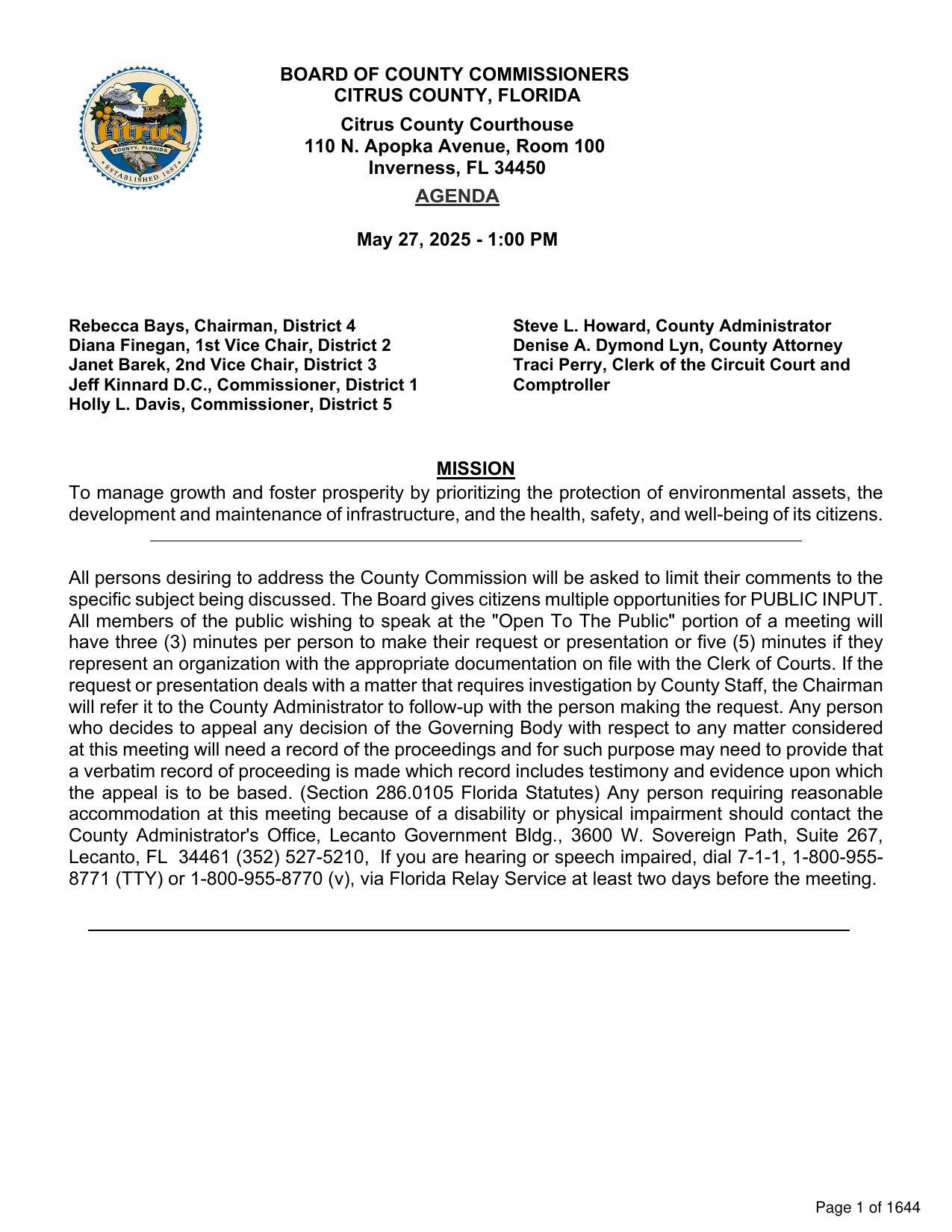 Agenda, Board of County Commissioners, Citrus County 2025-05-27