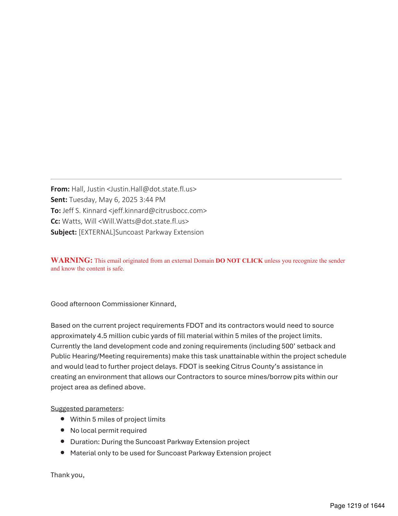 FDOT District 7 to Citrus BOCC requesting No local permit required 2025-05-06