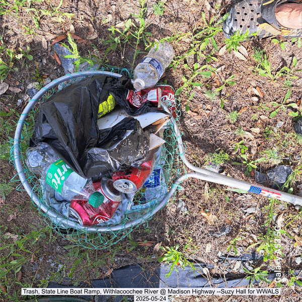 Trash, State Line Boat Ramp, Withlacoochee River @ Madison Highway --Suzy Hall for WWALS, 2025-05-24