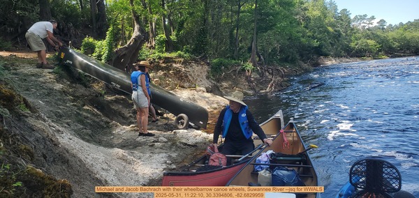 [Michael and Jacob Bachrach with their wheelbarrow canoe wheels, Suwannee River --jsq for WWALS, 2025-05-31, 11:22:10, 30.3394806, -82.6829959]