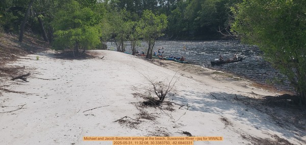 Michael and Jacob Bachrach arriving at the beach, Suwannee River --jsq for WWALS, 2025-05-31, 11:32:08, 30.3383750, -82.6840331