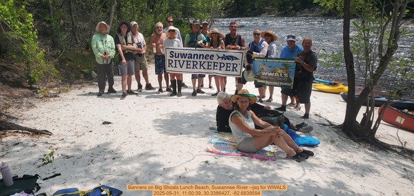 [Banners on Big Shoals Lunch Beach, Suwannee River --jsq for WWALS, 2025-05-31, 11:50:39, 30.3386427, -82.6839594]