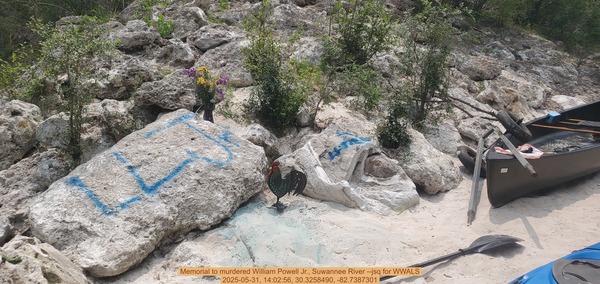 [Memorial to murdered William Powell Jr., Suwannee River --jsq for WWALS, 2025-05-31, 14:02:56, 30.3258490, -82.7387301]