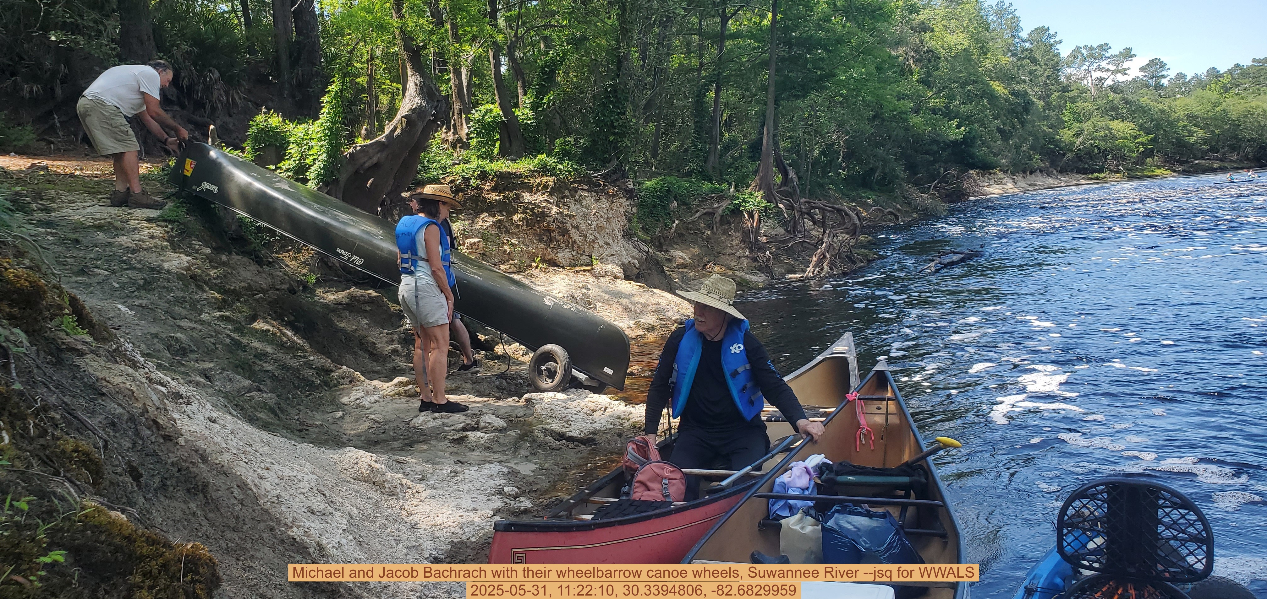 Michael and Jacob Bachrach with their wheelbarrow canoe wheels, Suwannee River --jsq for WWALS, 2025-05-31, 11:22:10, 30.3394806, -82.6829959
