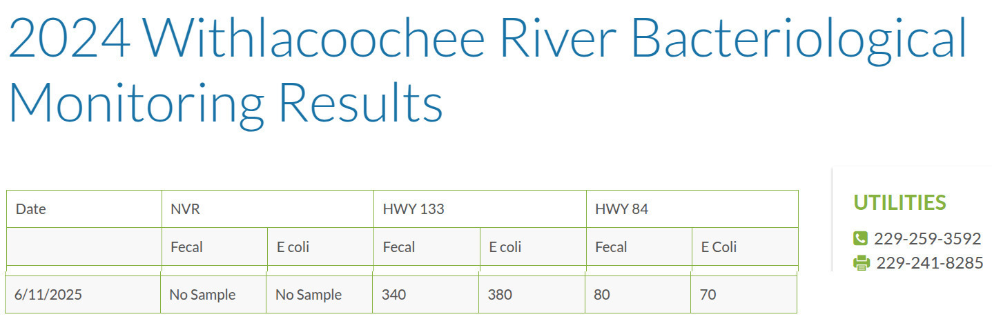 Table: GA 133 and US 84, Valdosta Utilities Test Results 2025-06-11