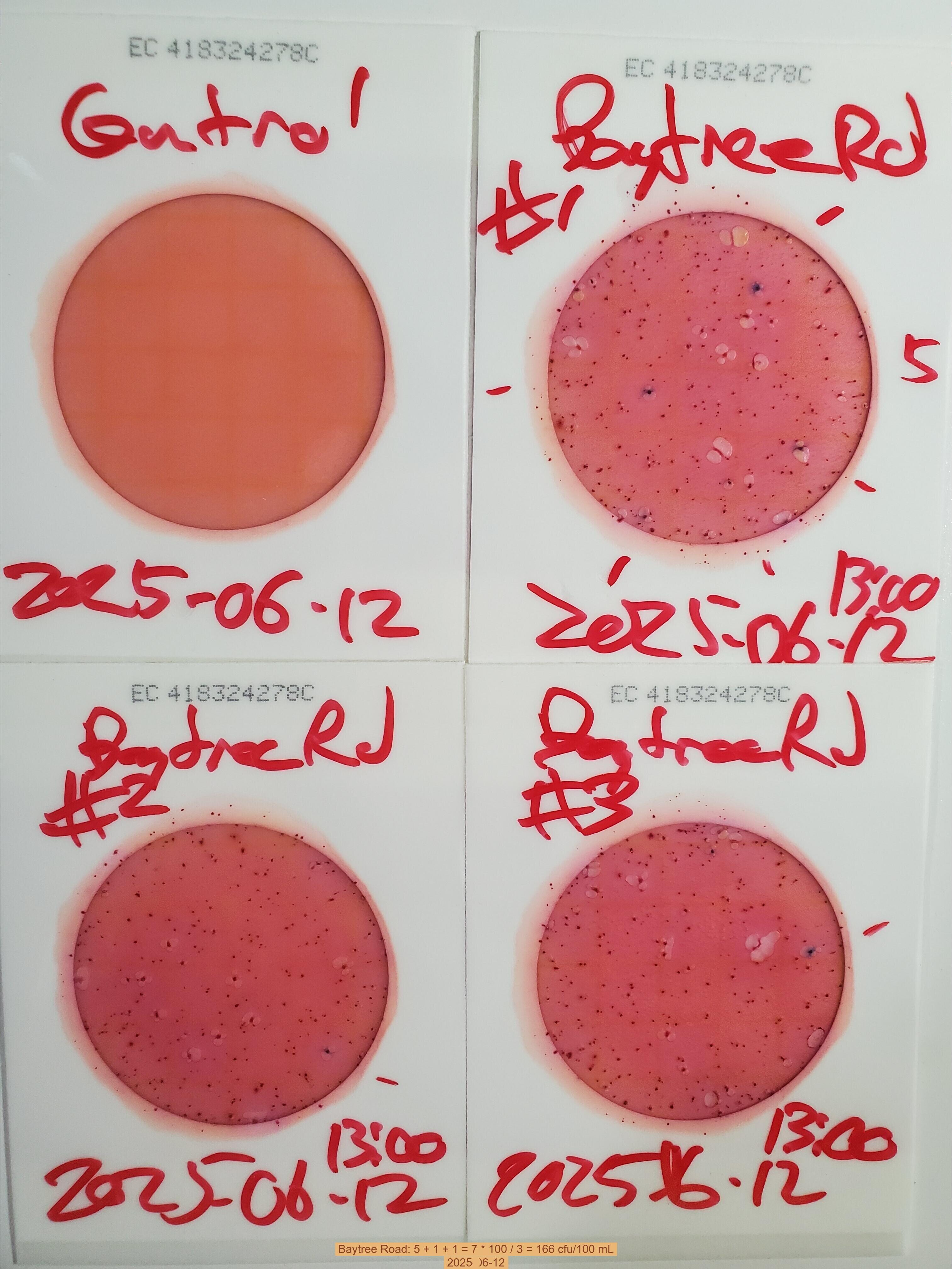 Baytree Road: 5 + 1 + 1 = 7 * 100 / 3 = 166 cfu/100 mL