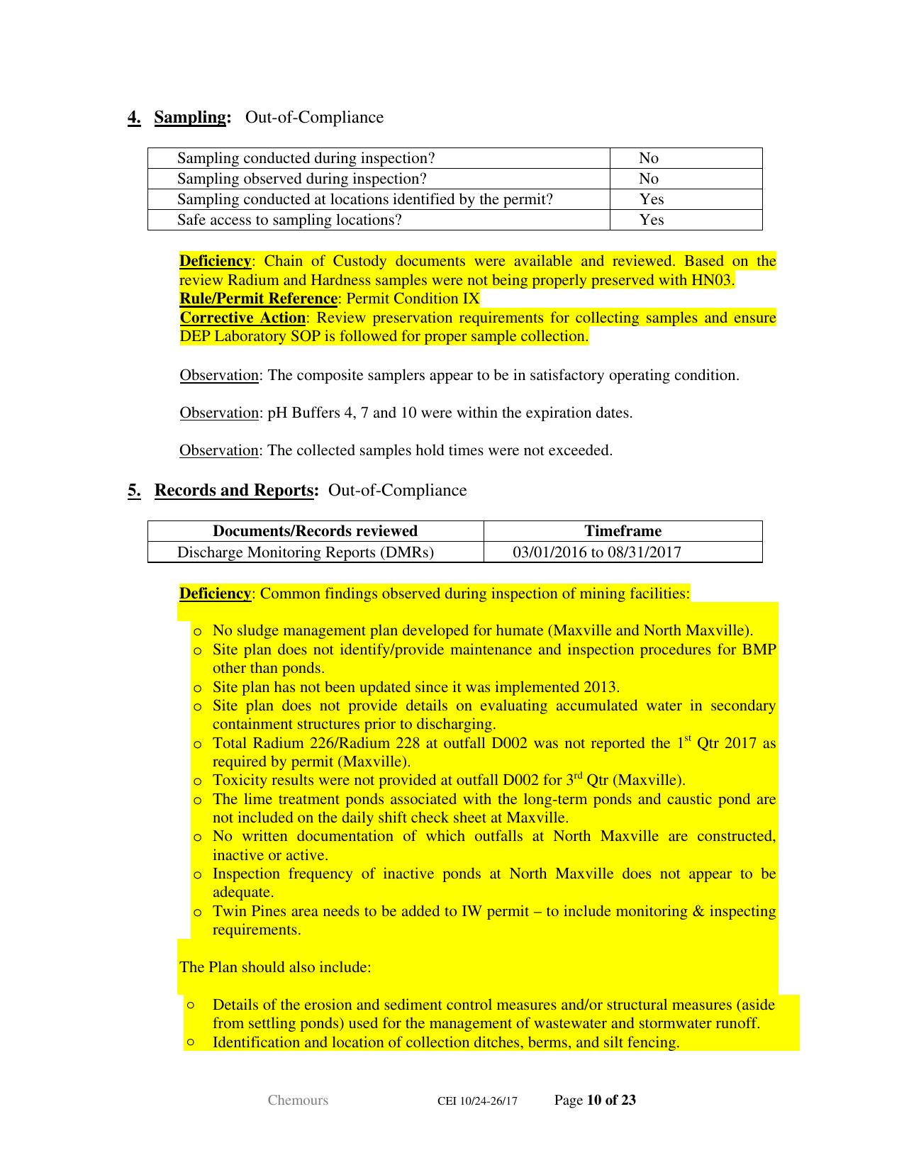 Deficiency: Common findings observed during inspection of mining facilities: