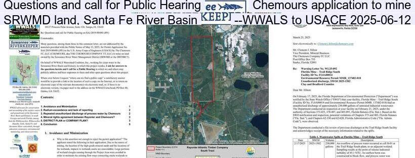 Questions and call for Public Hearing, Chemours application to mine SRWMD land, Santa Fe River Basin --WWALS to USACE 2025-06-12