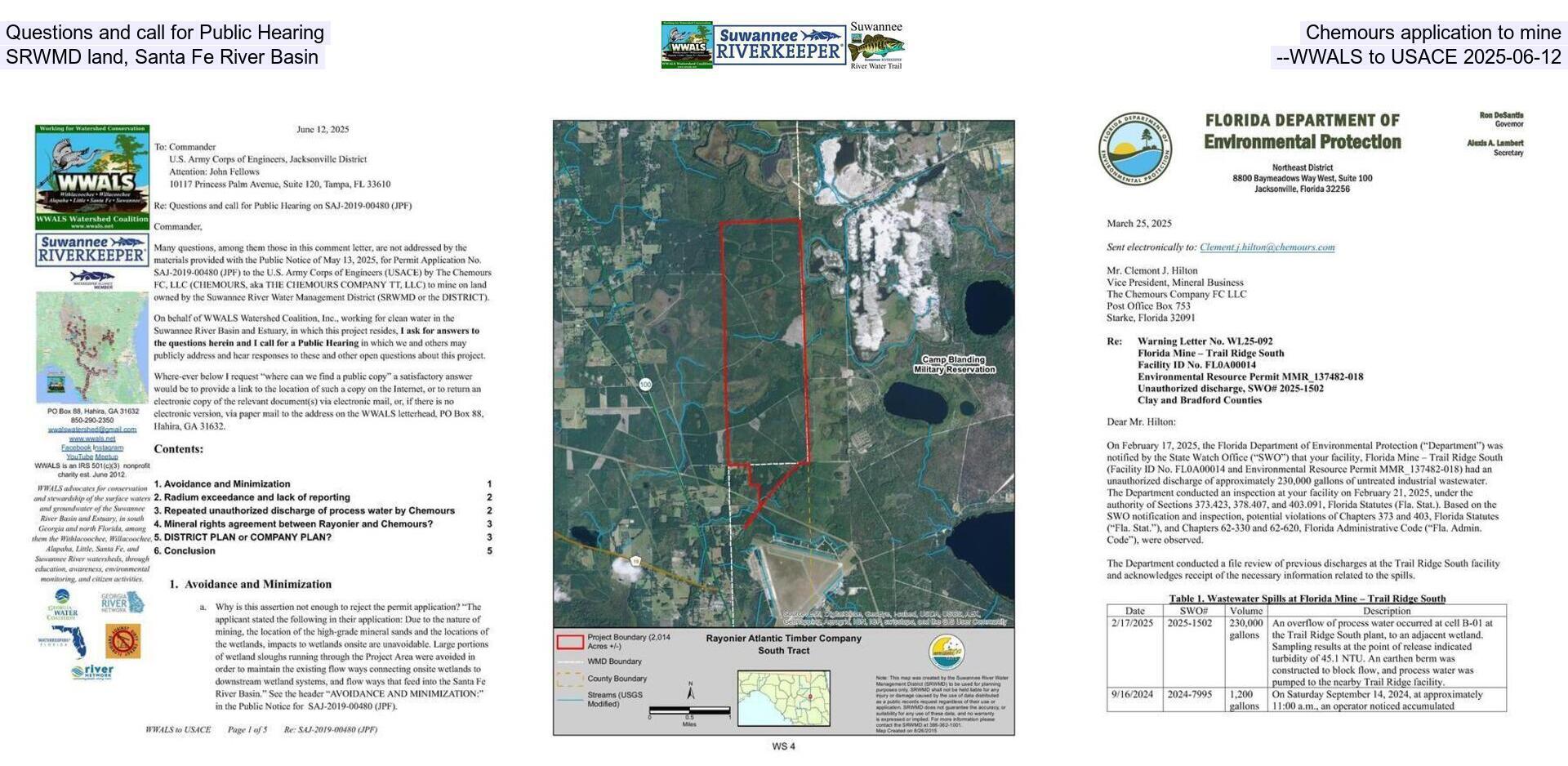 [Questions and call for Public Hearing, Chemours application to mine SRWMD land, Santa Fe River Basin --WWALS to USACE 2025-06-12]