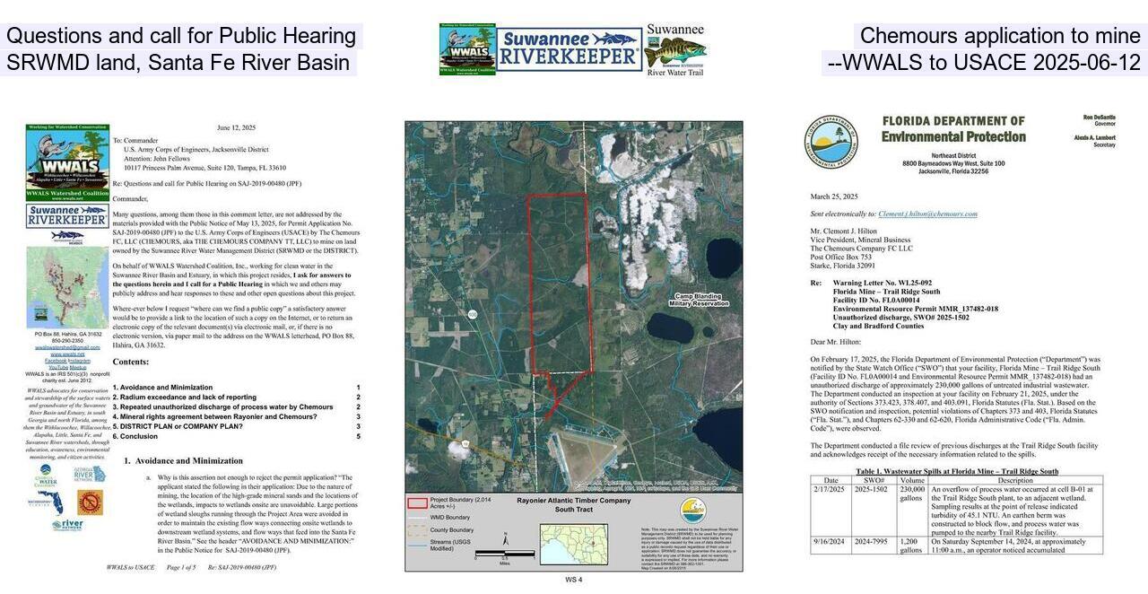 Questions and call for Public Hearing, Chemours application to mine SRWMD land, Santa Fe River Basin --WWALS to USACE 2025-06-12