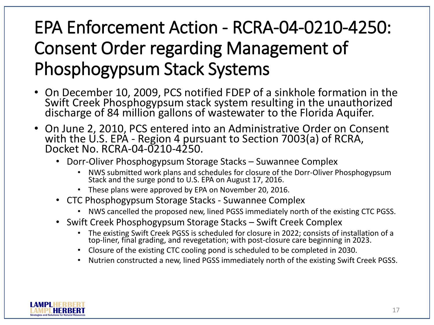 Sinkhole 2009-12-10: EPA Enforcement Action - RCRA-04-0210-4250: Consent Order regarding Management of Phosphogypsum Stack Systems
