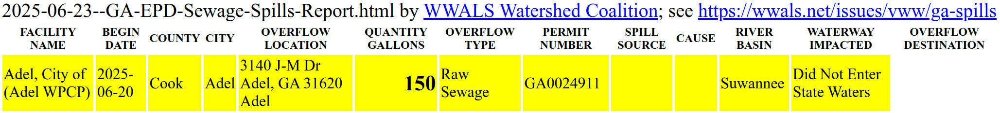 2025-06-20 sewage spill, Morrison Farms, Adel, GA, in 2025-06-23 GA-EPD Sewage Spills Report