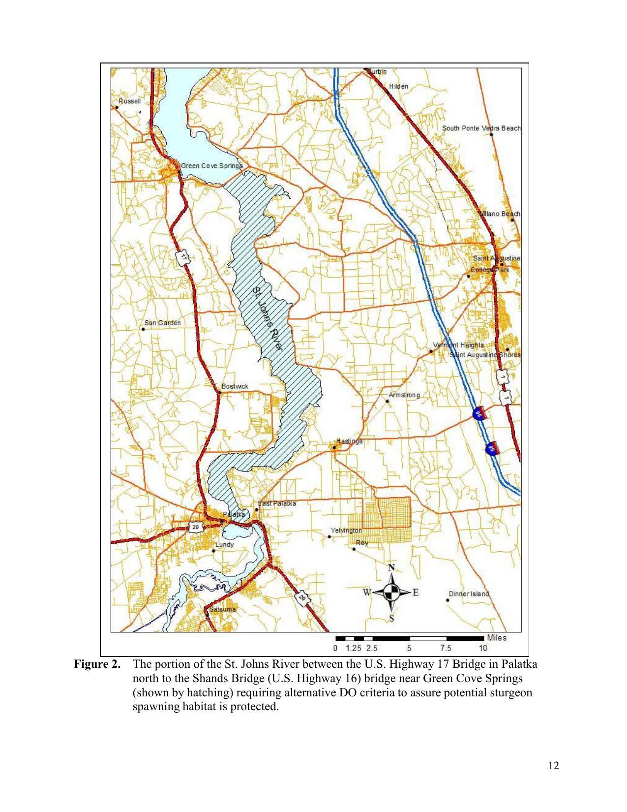 Figure 2. The portion of the St. Johns River between the U.S. Highway 17 Bridge in Palatka north to the Shands Bridge (U.S. Highway 16) bridge near Green Cove Springs (shown by hatching) requiring alternative DO criteria to assure potential sturgeon spawning habitat is protected.