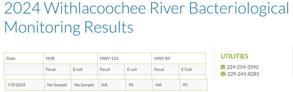[Table: GA-133 & US 84, Withlacoochee River, 2025-07-09 --Valdosta Utilities]