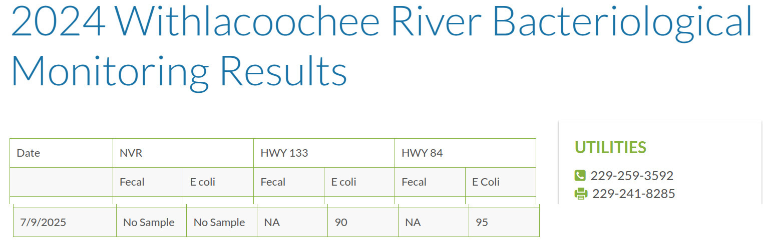 Table: GA-133 & US 84, Withlacoochee River, 2025-07-09 --Valdosta Utilities