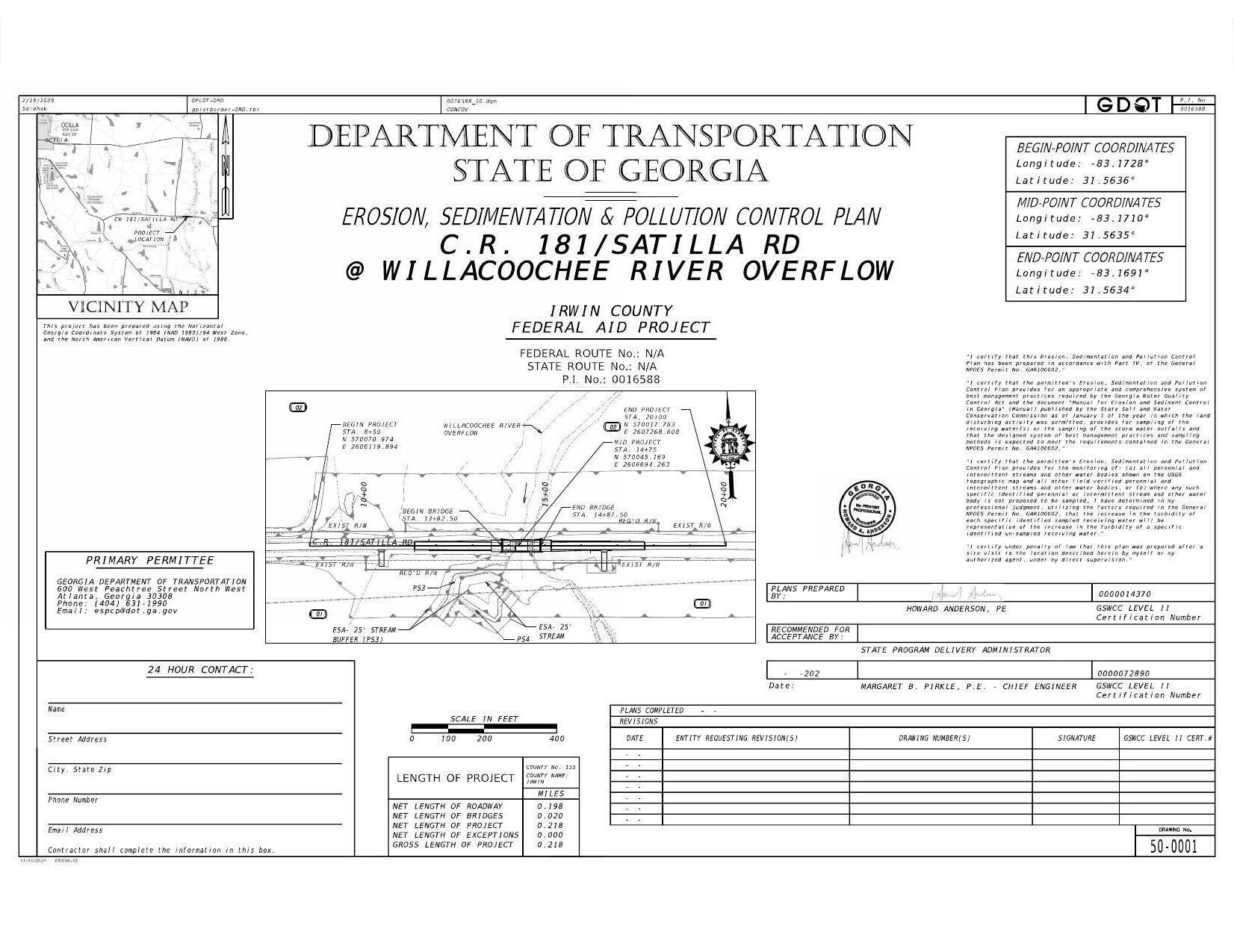 Erosion, Sedimntation & Pollution Control Plan, CR 181/Satilla Road @ Willacoochee River Overflow