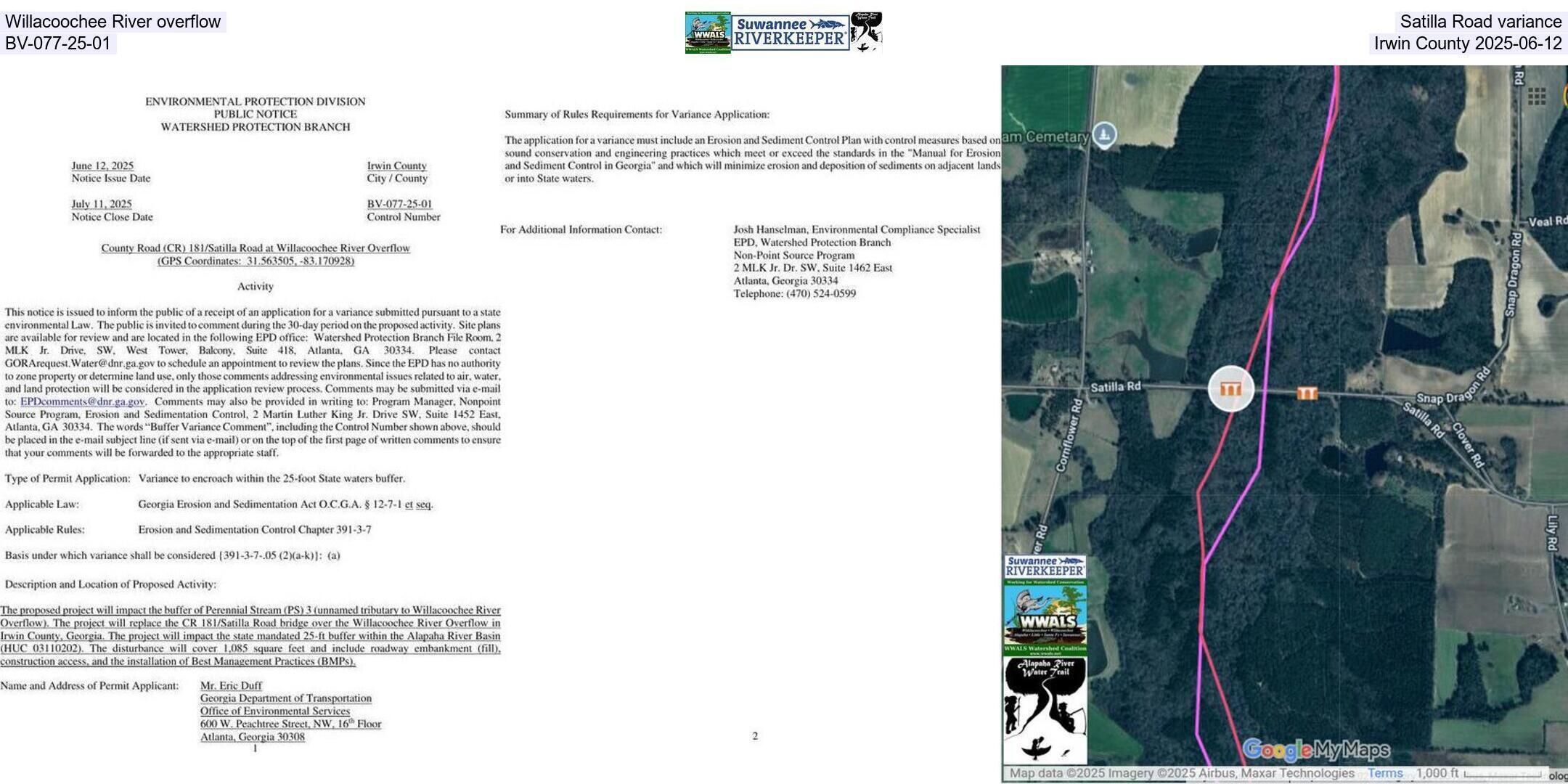 Willacoochee River overflow, Satilla Road variance, BV-077-25-01, Irwin County 2025-06-12