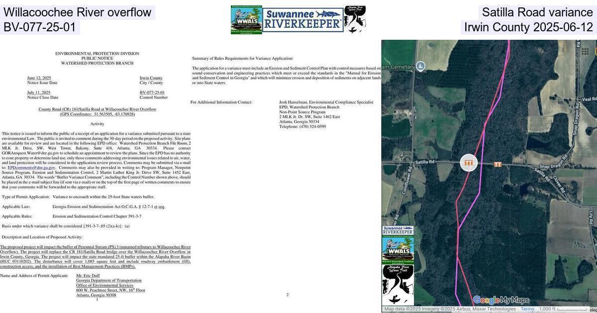 Willacoochee River overflow, Satilla Road variance, BV-077-25-01, Irwin County 2025-06-12