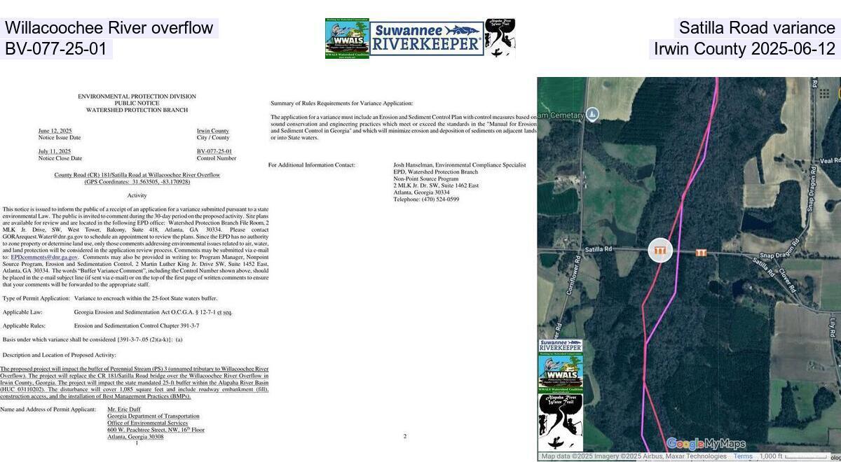 Willacoochee River overflow, Satilla Road variance, BV-077-25-01, Irwin County 2025-06-12