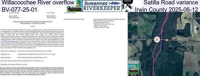Willacoochee River overflow, Satilla Road variance, BV-077-25-01, Irwin County 2025-06-12