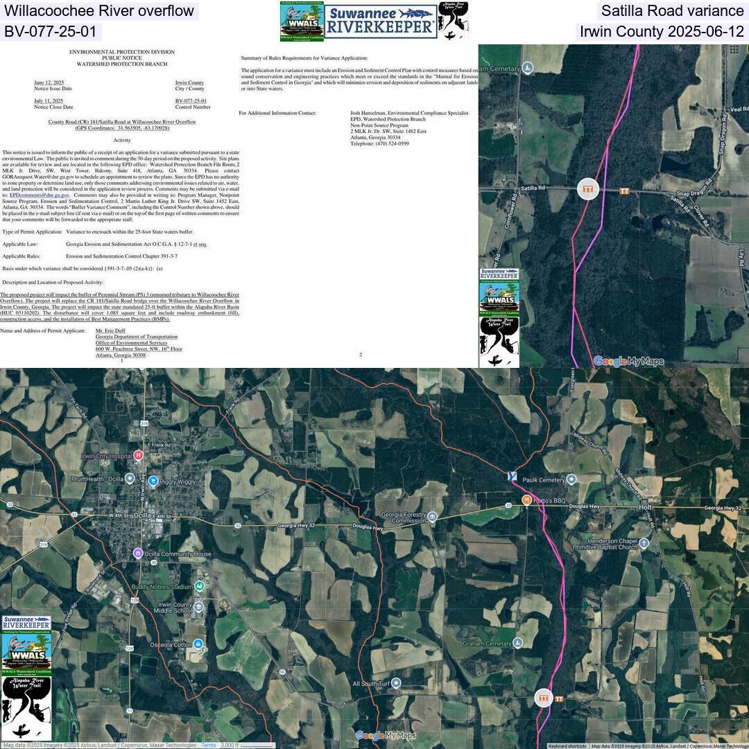 Willacoochee River overflow, Satilla Road variance, BV-077-25-01, Irwin County 2025-06-12